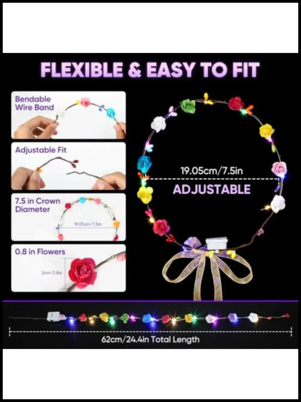 50 LED Flower Crowns Headbands Glow in Dark Party Favors Ribbons Floral